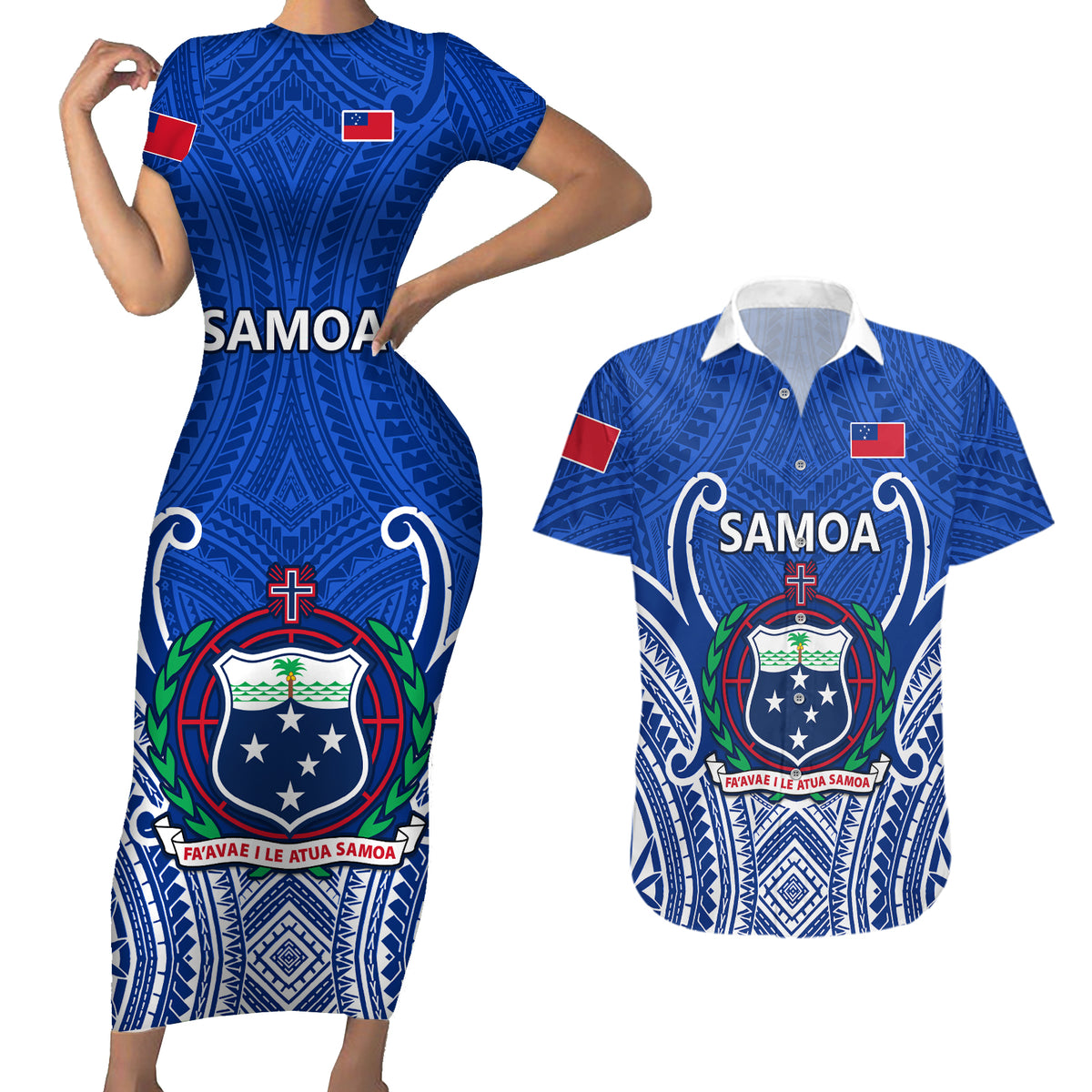 Custom Samoa Rugby Couples Matching Short Sleeve Bodycon Dress and Hawaiian Shirt Manu Samoa Go 2023 World Cup - Wonder Print Shop