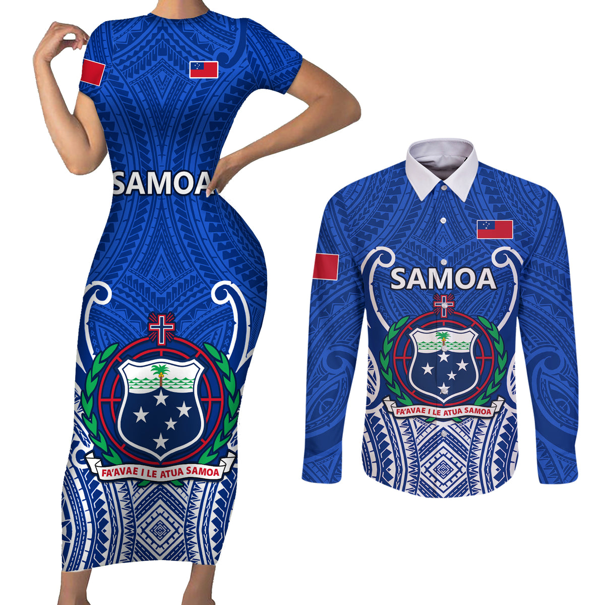 Custom Samoa Rugby Couples Matching Short Sleeve Bodycon Dress and Long Sleeve Button Shirts Manu Samoa Go 2023 World Cup - Wonder Print Shop
