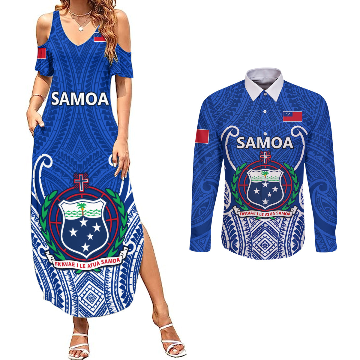 Custom Samoa Rugby Couples Matching Summer Maxi Dress and Long Sleeve Button Shirts Manu Samoa Go 2023 World Cup - Wonder Print Shop