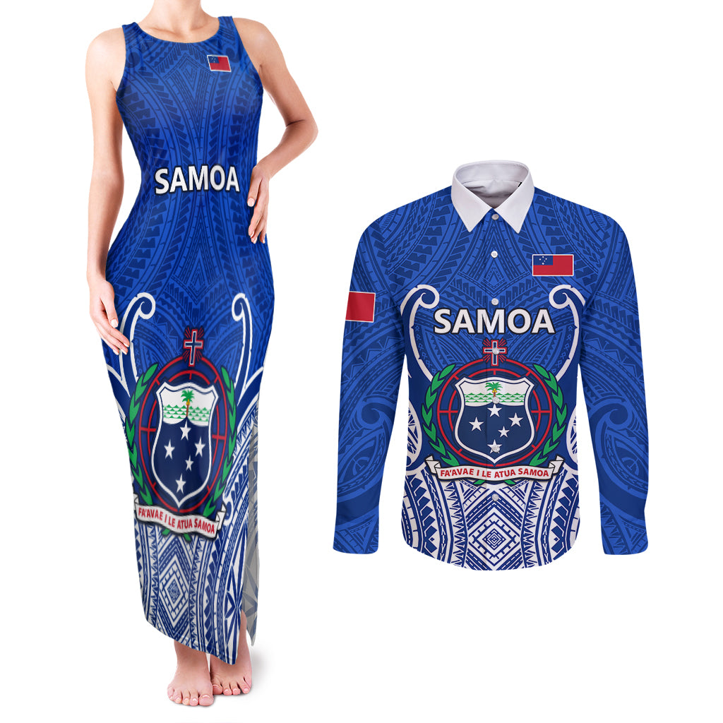 Custom Samoa Rugby Couples Matching Tank Maxi Dress and Long Sleeve Button Shirts Manu Samoa Go 2023 World Cup - Wonder Print Shop