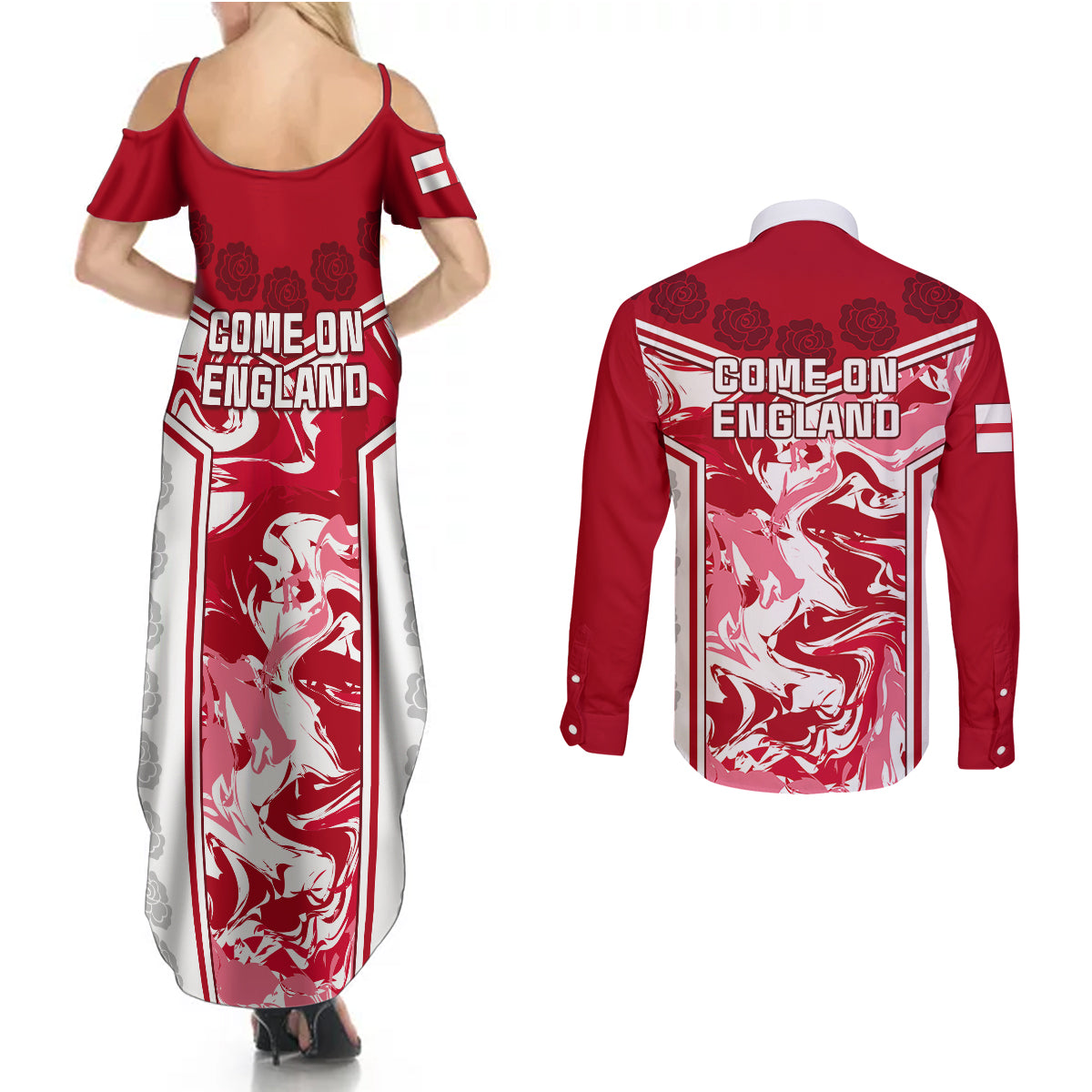 England Rugby Couples Matching Summer Maxi Dress and Long Sleeve Button Shirts The Red Rose Come On 2023 World Cup - Wonder Print Shop