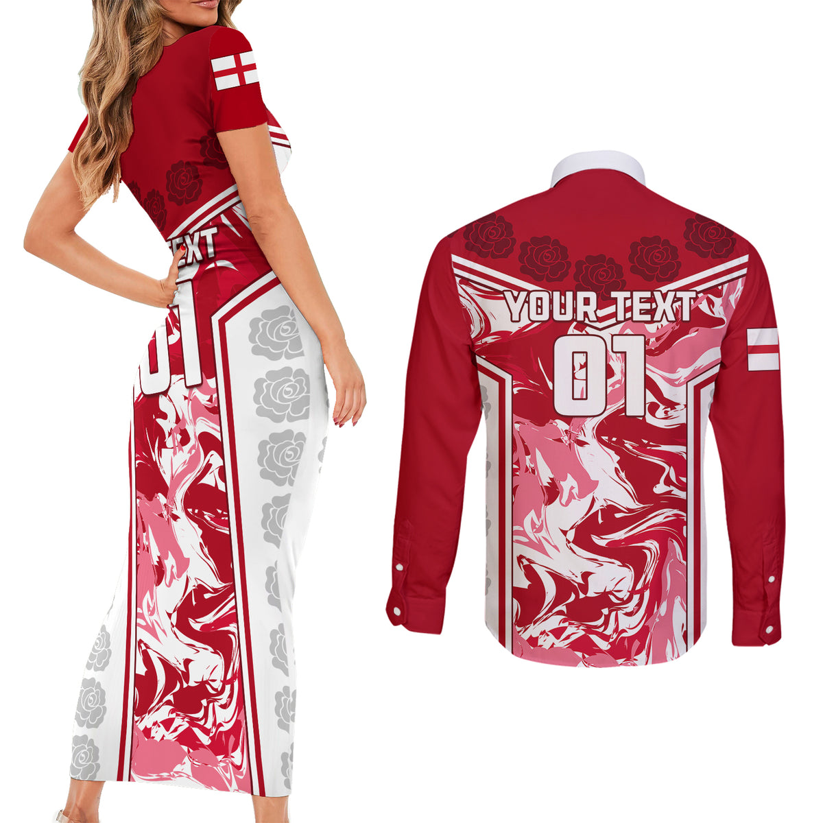 Custom England Rugby Couples Matching Short Sleeve Bodycon Dress and Long Sleeve Button Shirts The Red Rose Come On 2023 World Cup - Wonder Print Shop