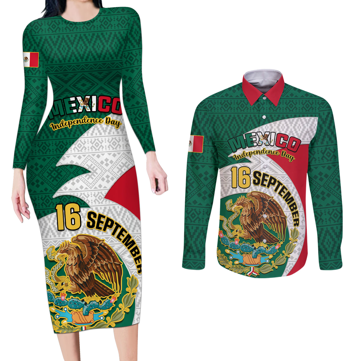Personalised Mexico Independence Day Couples Matching Long Sleeve Bodycon Dress and Long Sleeve Button Shirts Mexican Aztec Pattern - Wonder Print Shop