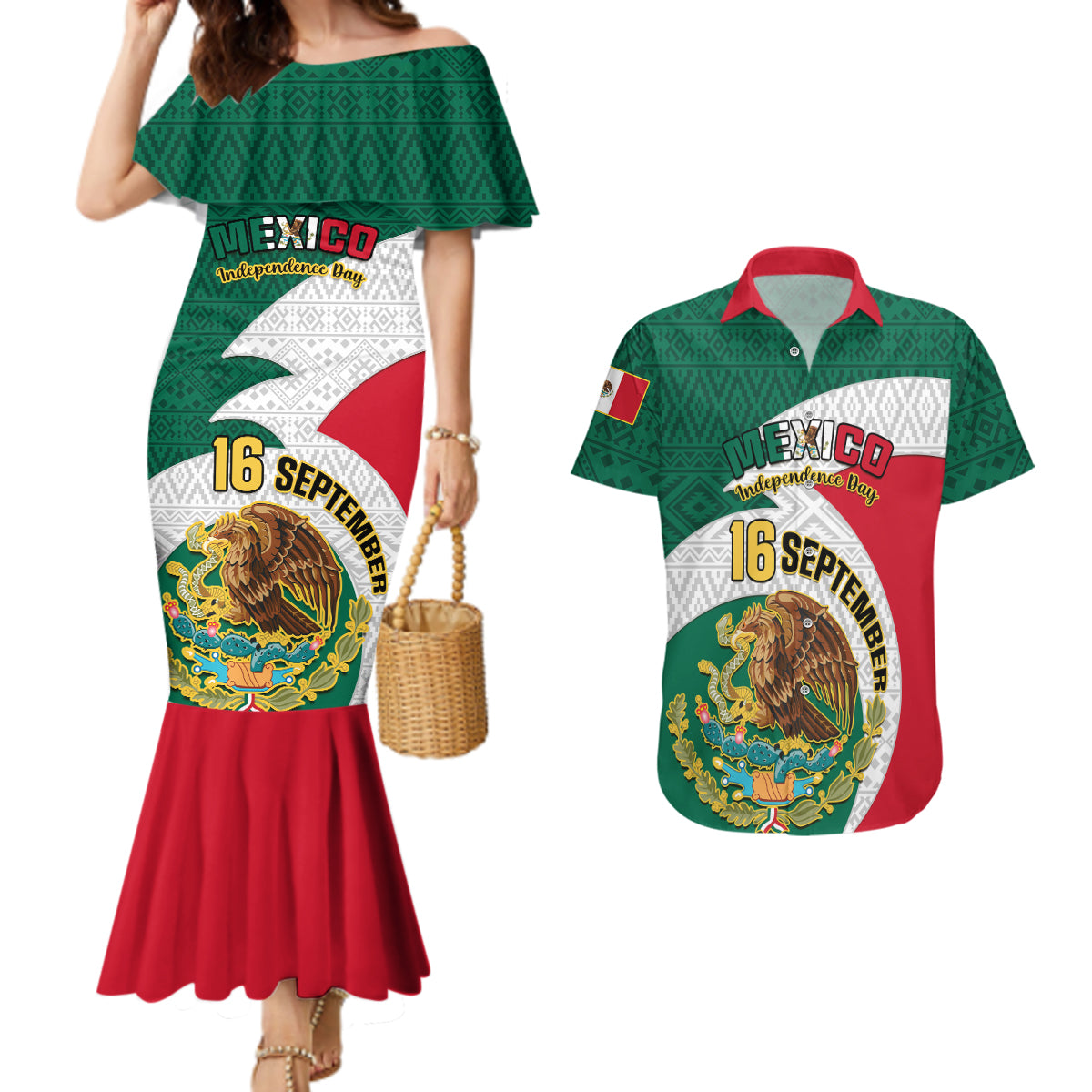 Personalised Mexico Independence Day Couples Matching Mermaid Dress and Hawaiian Shirt Mexican Aztec Pattern - Wonder Print Shop