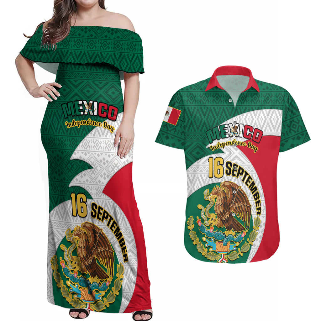 Personalised Mexico Independence Day Couples Matching Off Shoulder Maxi Dress and Hawaiian Shirt Mexican Aztec Pattern - Wonder Print Shop