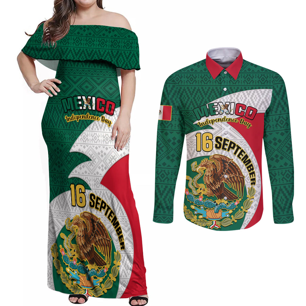 Personalised Mexico Independence Day Couples Matching Off Shoulder Maxi Dress and Long Sleeve Button Shirts Mexican Aztec Pattern - Wonder Print Shop