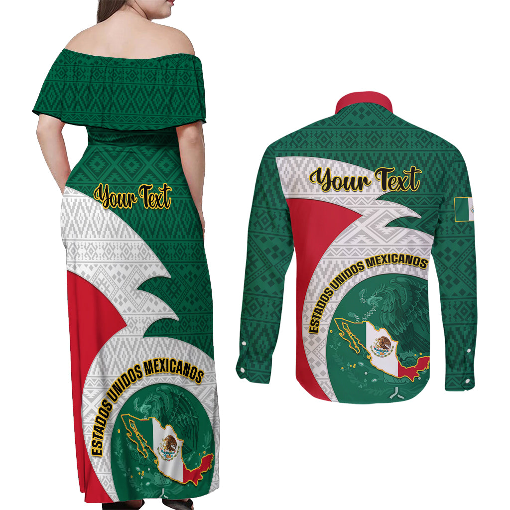 Personalised Mexico Independence Day Couples Matching Off Shoulder Maxi Dress and Long Sleeve Button Shirts Mexican Aztec Pattern - Wonder Print Shop