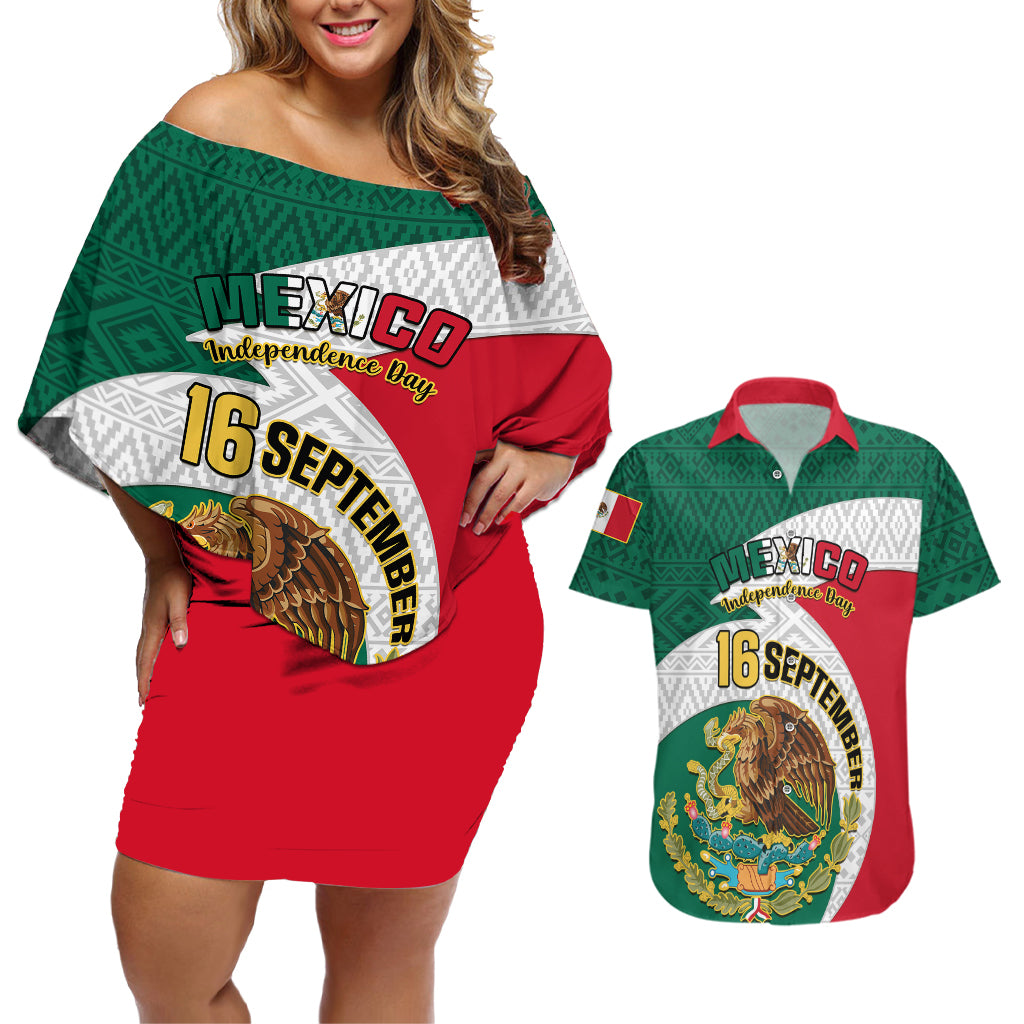 Personalised Mexico Independence Day Couples Matching Off Shoulder Short Dress and Hawaiian Shirt Mexican Aztec Pattern - Wonder Print Shop