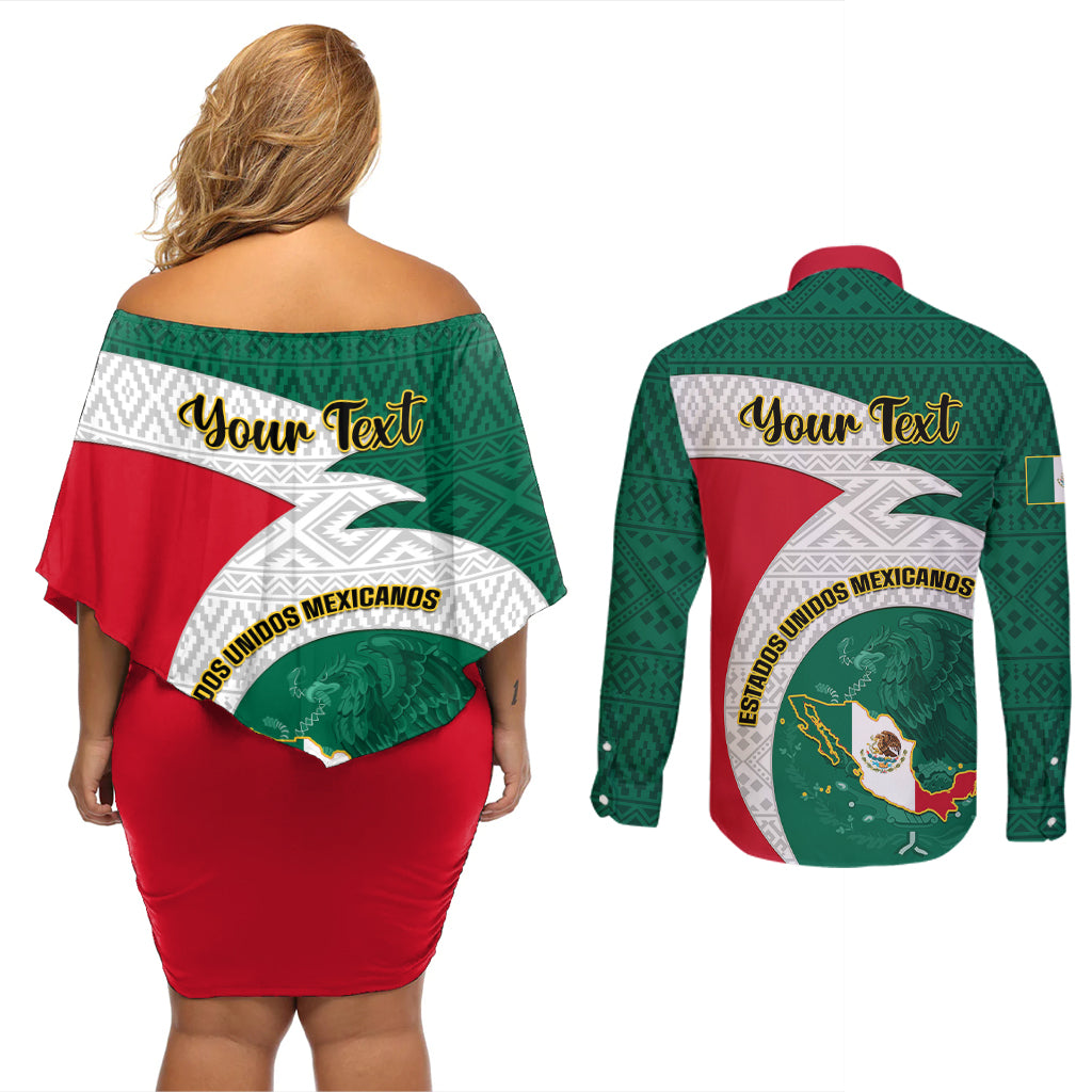 Personalised Mexico Independence Day Couples Matching Off Shoulder Short Dress and Long Sleeve Button Shirts Mexican Aztec Pattern - Wonder Print Shop