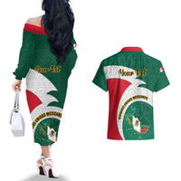 Personalised Mexico Independence Day Couples Matching Off The Shoulder Long Sleeve Dress and Hawaiian Shirt Mexican Aztec Pattern - Wonder Print Shop