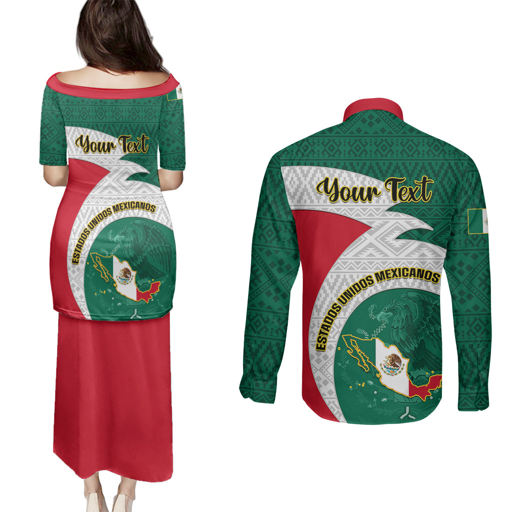 Personalised Mexico Independence Day Couples Matching Puletasi Dress and Long Sleeve Button Shirts Mexican Aztec Pattern - Wonder Print Shop