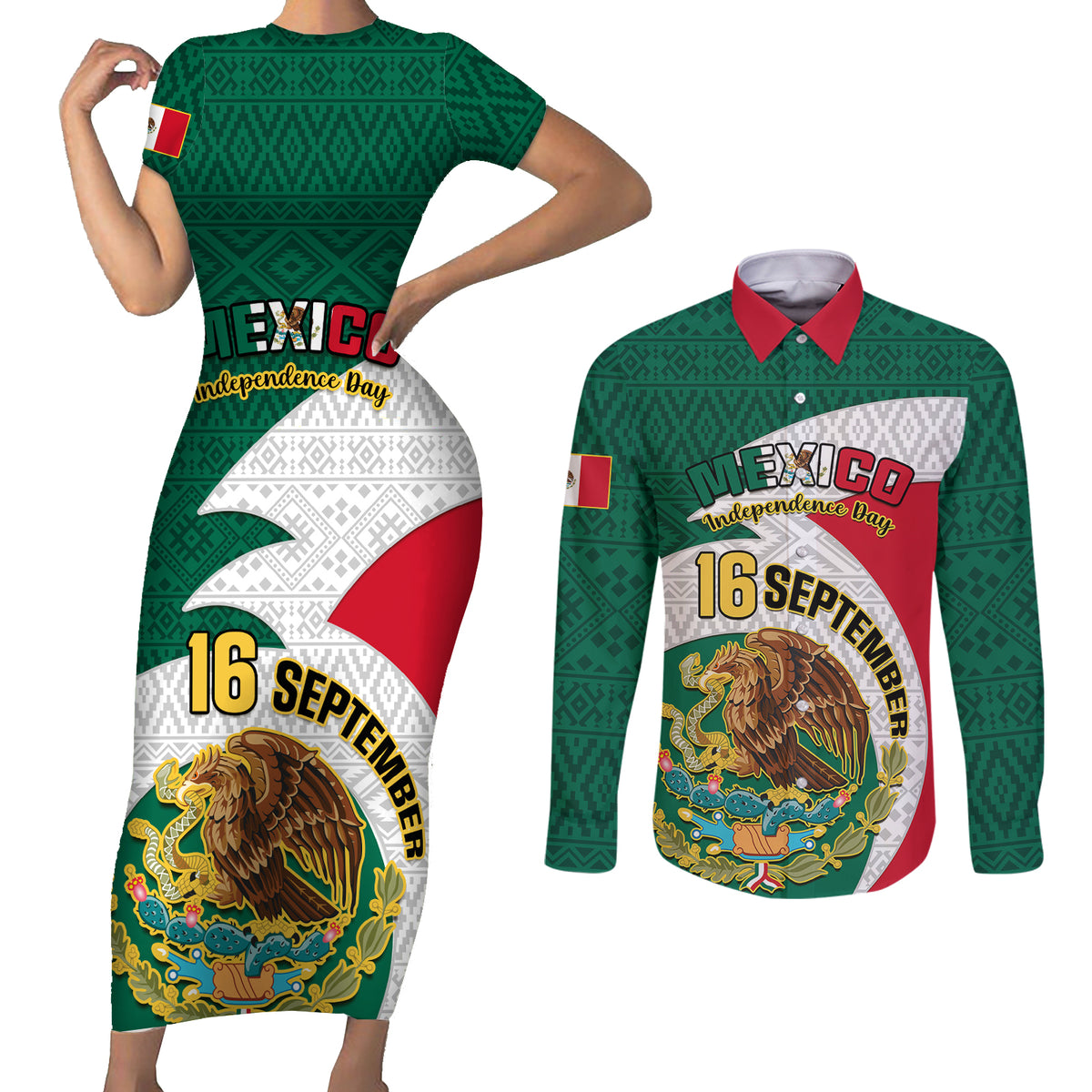 Personalised Mexico Independence Day Couples Matching Short Sleeve Bodycon Dress and Long Sleeve Button Shirts Mexican Aztec Pattern - Wonder Print Shop