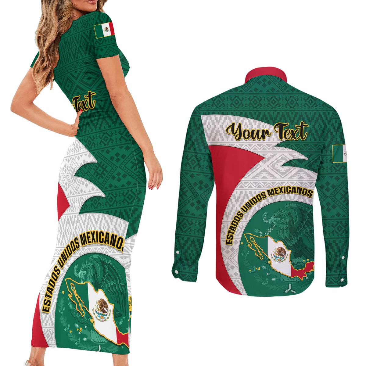 Personalised Mexico Independence Day Couples Matching Short Sleeve Bodycon Dress and Long Sleeve Button Shirts Mexican Aztec Pattern - Wonder Print Shop