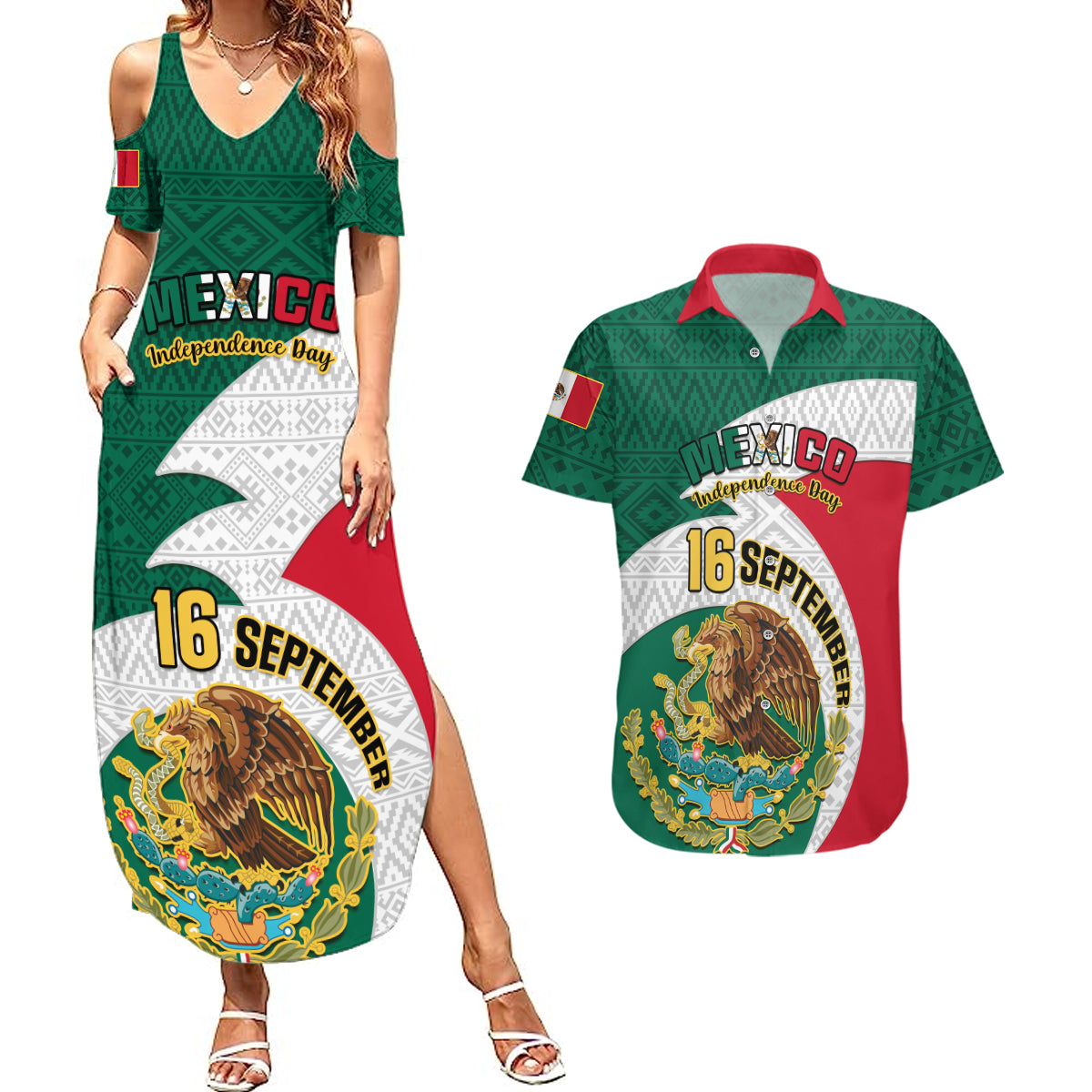 Personalised Mexico Independence Day Couples Matching Summer Maxi Dress and Hawaiian Shirt Mexican Aztec Pattern - Wonder Print Shop