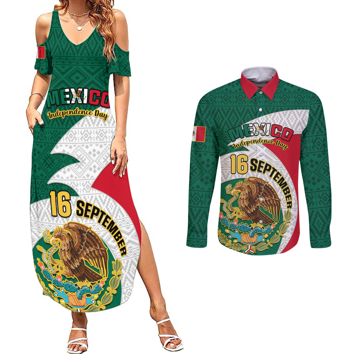 Personalised Mexico Independence Day Couples Matching Summer Maxi Dress and Long Sleeve Button Shirts Mexican Aztec Pattern - Wonder Print Shop