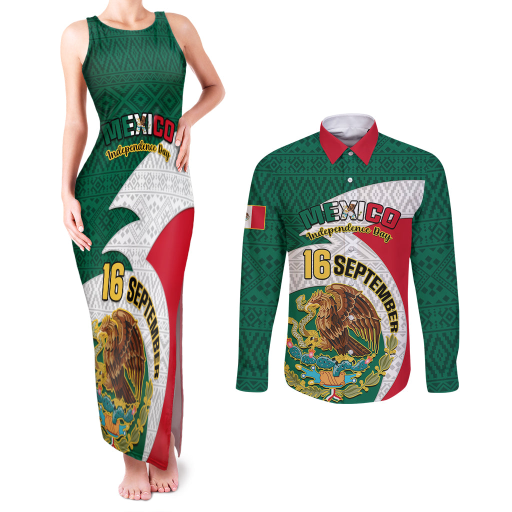 Personalised Mexico Independence Day Couples Matching Tank Maxi Dress and Long Sleeve Button Shirts Mexican Aztec Pattern - Wonder Print Shop