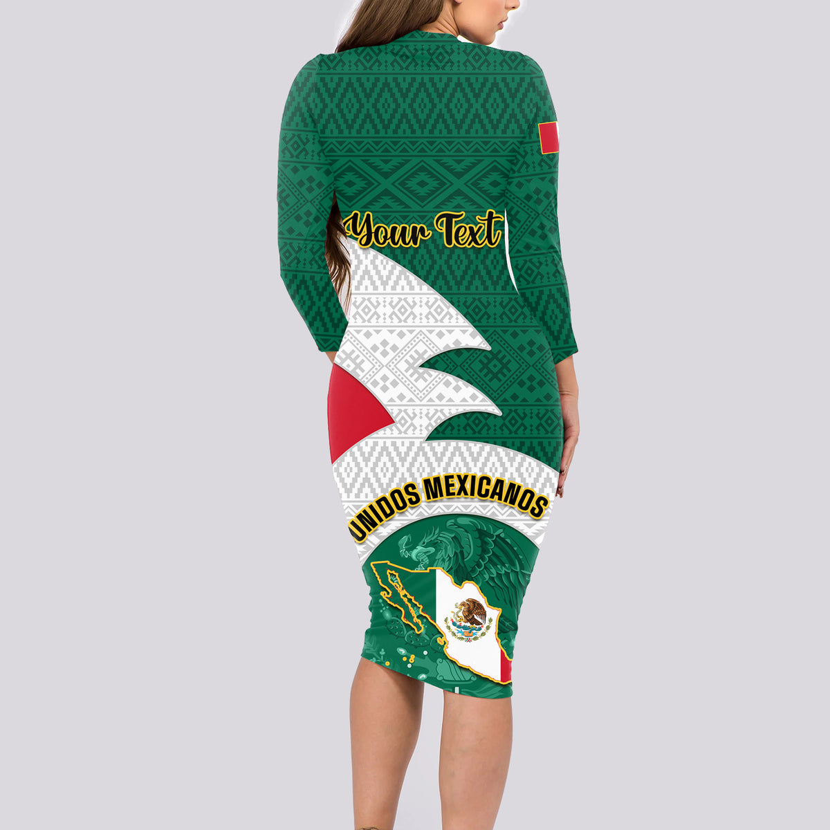 Personalised Mexico Independence Day Long Sleeve Bodycon Dress Mexican Aztec Pattern - Wonder Print Shop