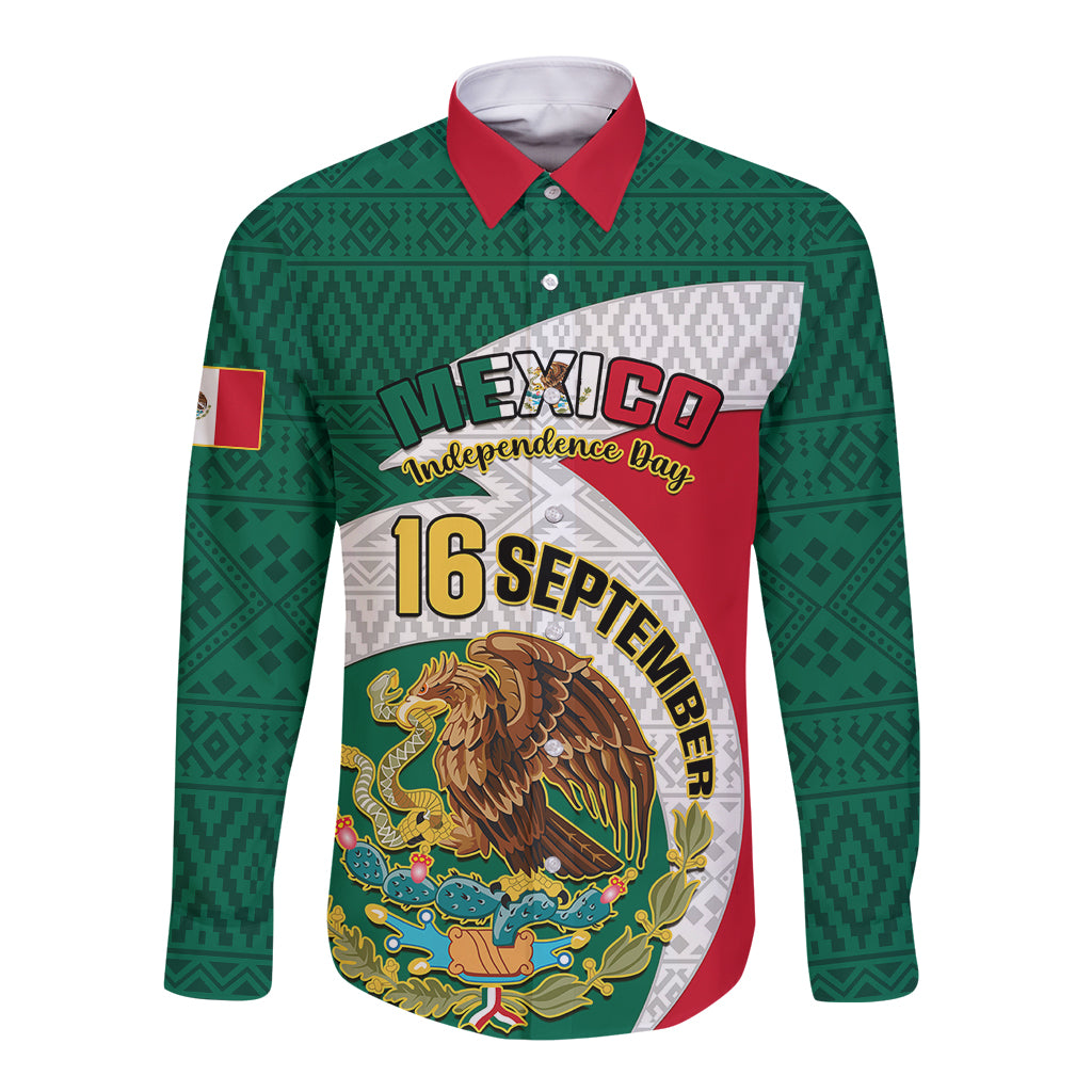 Personalised Mexico Independence Day Long Sleeve Button Shirt Mexican Aztec Pattern - Wonder Print Shop