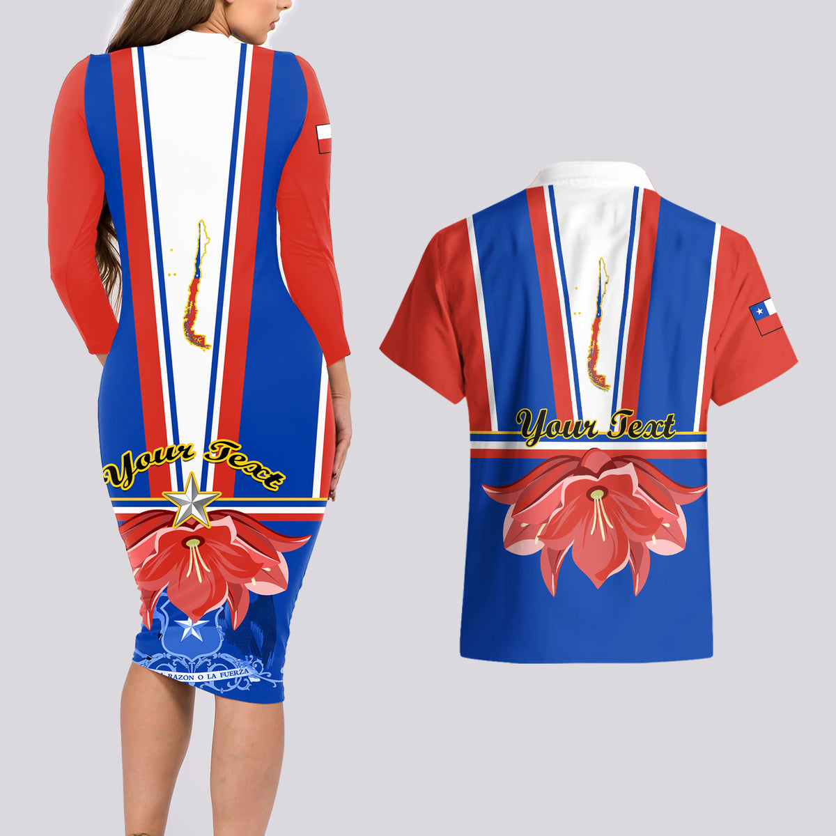Personalised Chile Independence Day Couples Matching Long Sleeve Bodycon Dress and Hawaiian Shirt Chilean Bellflower - Wonder Print Shop