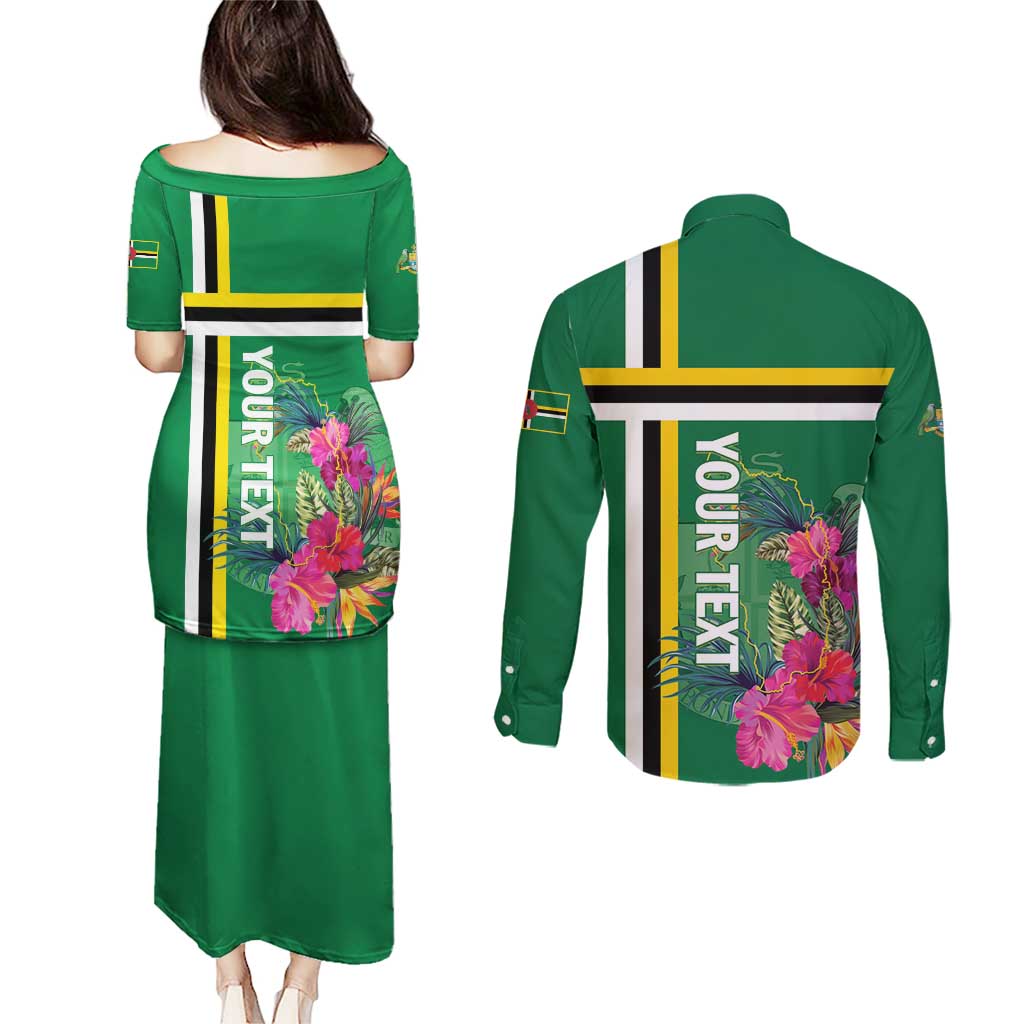 Personalized Dominica Couples Matching Puletasi and Long Sleeve Button Shirt Waitukubuli Tropical Flower - Wonder Print Shop