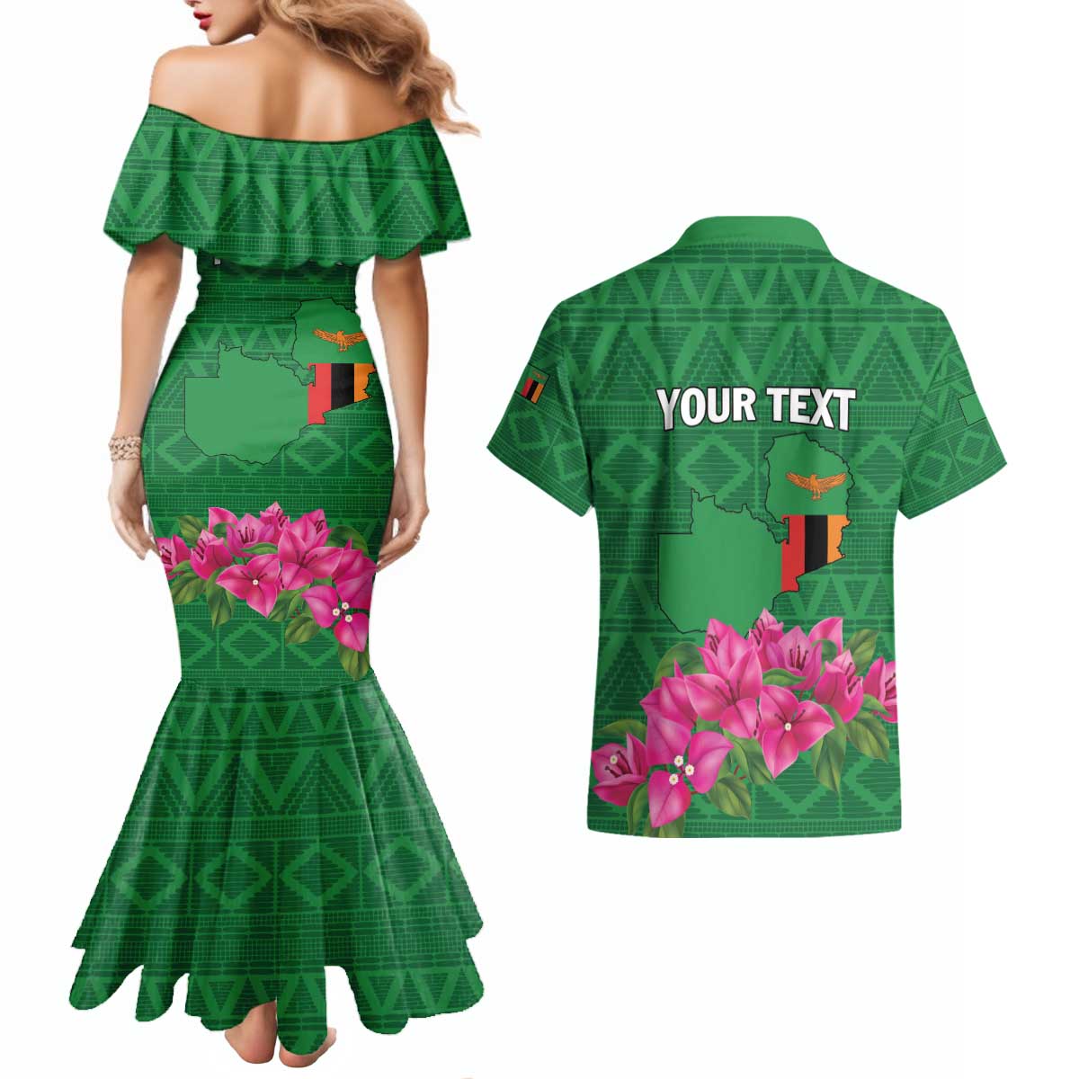 Personalized Zambia Couples Matching Mermaid Dress and Hawaiian Shirt Icitungu ca Zambia Bougainvillea - Wonder Print Shop