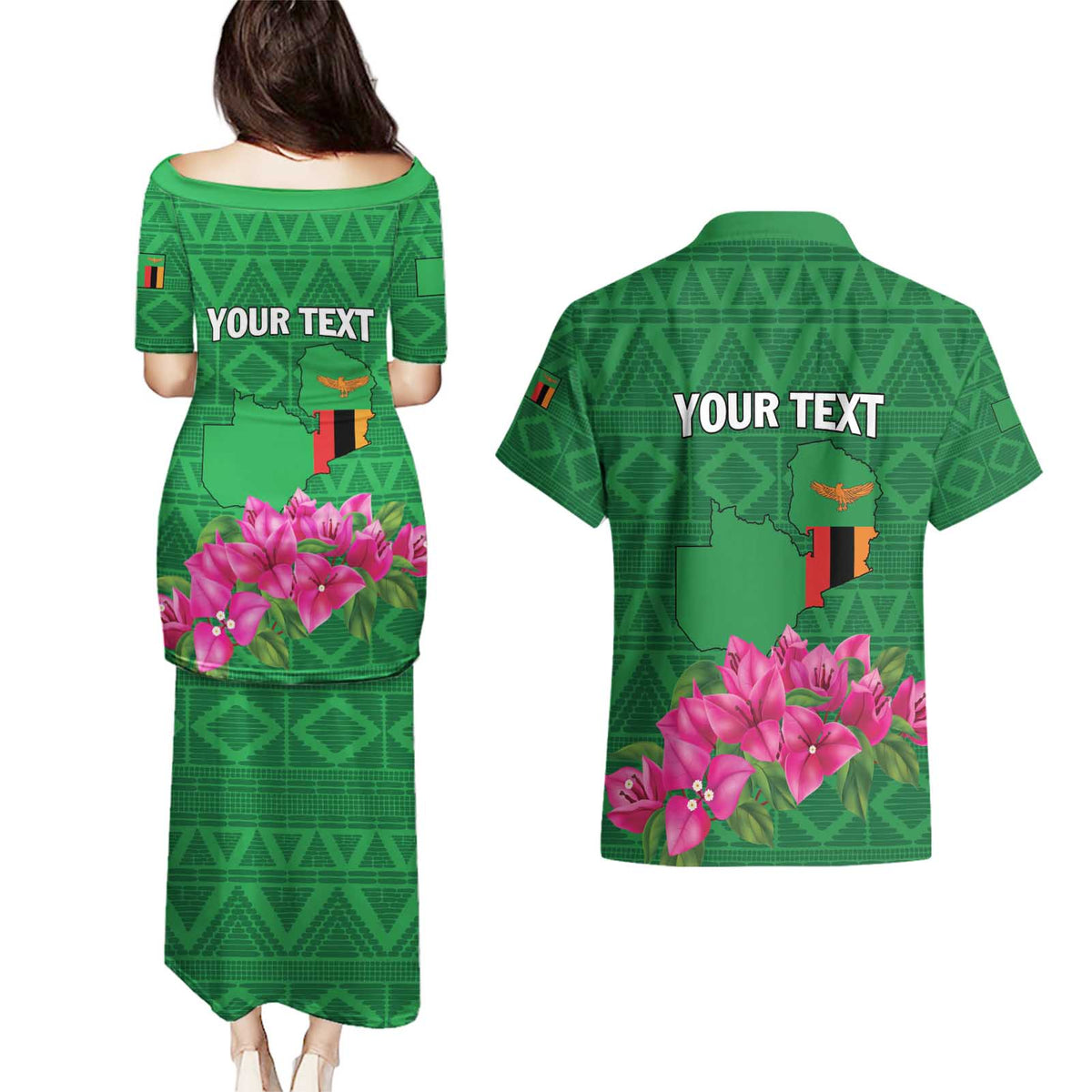 Personalized Zambia Couples Matching Puletasi and Hawaiian Shirt Icitungu ca Zambia Bougainvillea - Wonder Print Shop