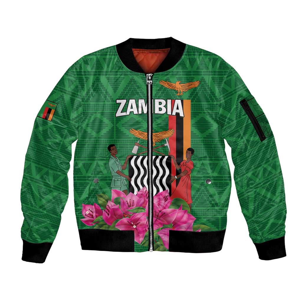 Personalized Zambia Sleeve Zip Bomber Jacket Icitungu ca Zambia Bougainvillea - Wonder Print Shop