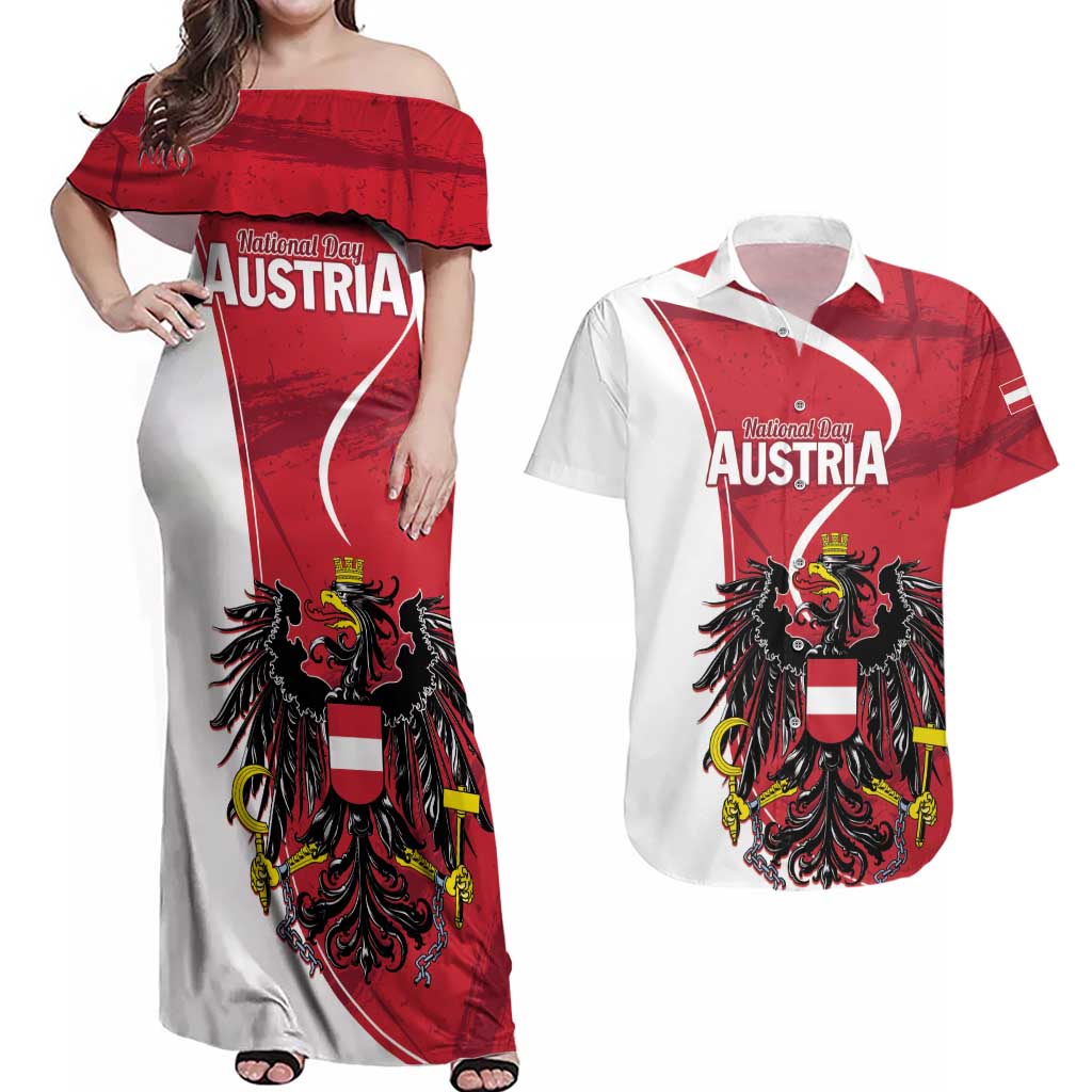 Personalized Austria National Day Couples Matching Off Shoulder Maxi Dress and Hawaiian Shirt Republik Osterreich Black Eagle - Wonder Print Shop