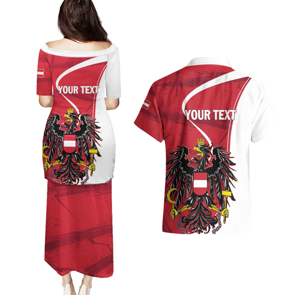 Personalized Austria National Day Couples Matching Puletasi and Hawaiian Shirt Republik Osterreich Black Eagle - Wonder Print Shop