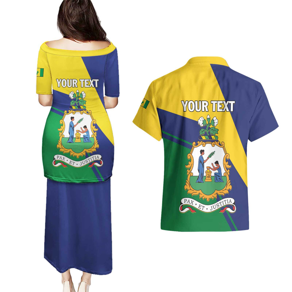 Personalized Saint Vincent and the Grenadines Couples Matching Puletasi and Hawaiian Shirt Pax et Justitia Cannonball Flower - Wonder Print Shop