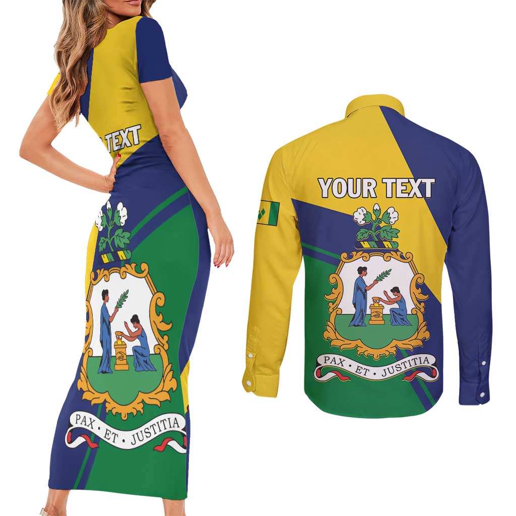 Personalized Saint Vincent and the Grenadines Couples Matching Short Sleeve Bodycon Dress and Long Sleeve Button Shirt Pax et Justitia Cannonball Flower - Wonder Print Shop