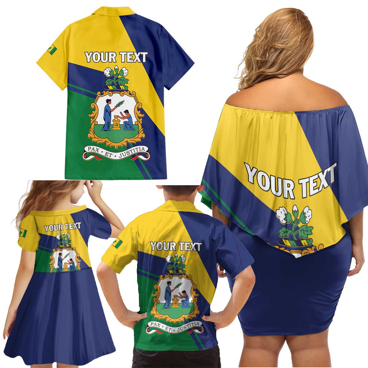 Personalized Saint Vincent and the Grenadines Family Matching Off Shoulder Short Dress and Hawaiian Shirt Pax et Justitia Cannonball Flower - Wonder Print Shop