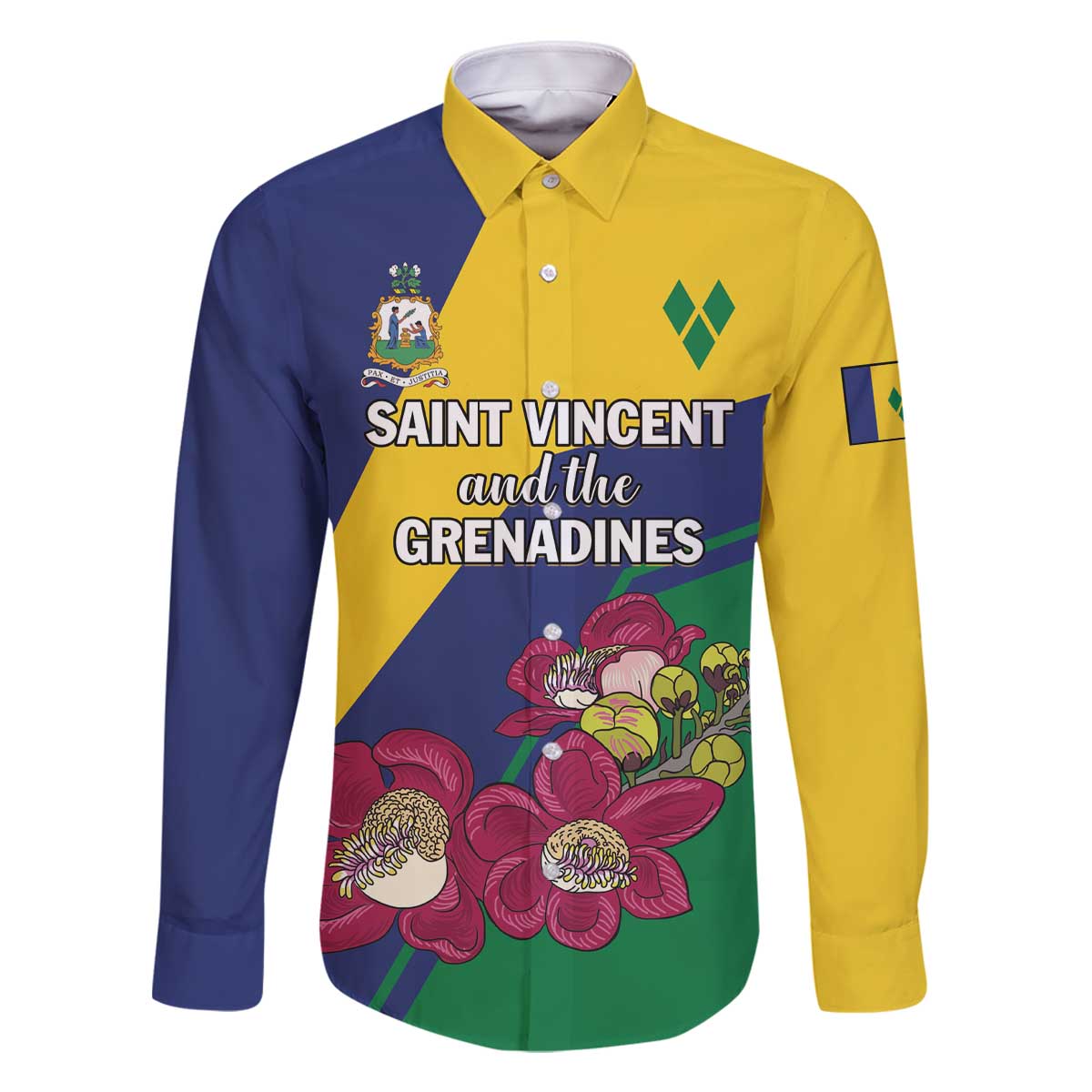 Personalized Saint Vincent and the Grenadines Family Matching Off Shoulder Short Dress and Hawaiian Shirt Pax et Justitia Cannonball Flower - Wonder Print Shop