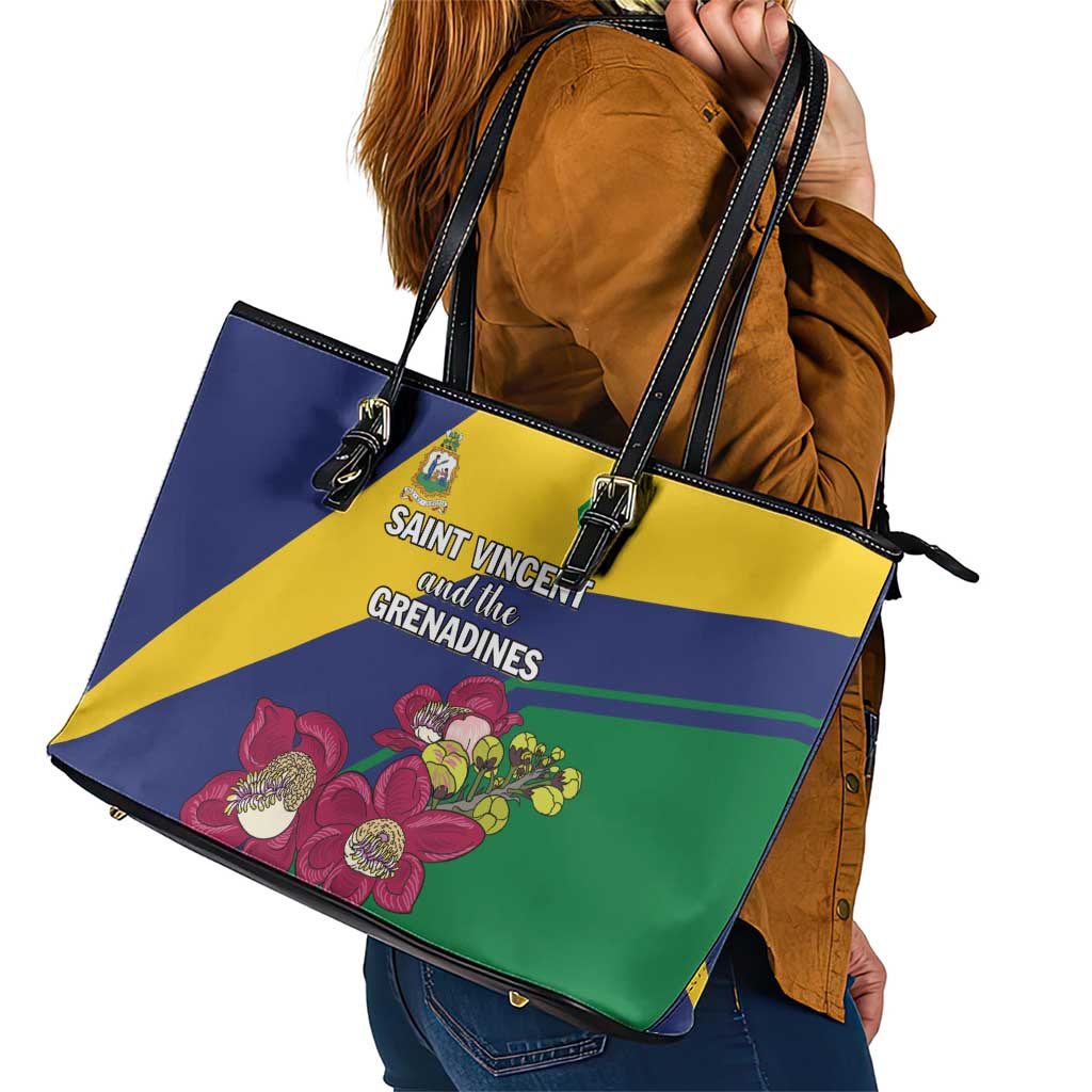 Saint Vincent and the Grenadines Leather Tote Bag Pax et Justitia Cannonball Flower - Wonder Print Shop