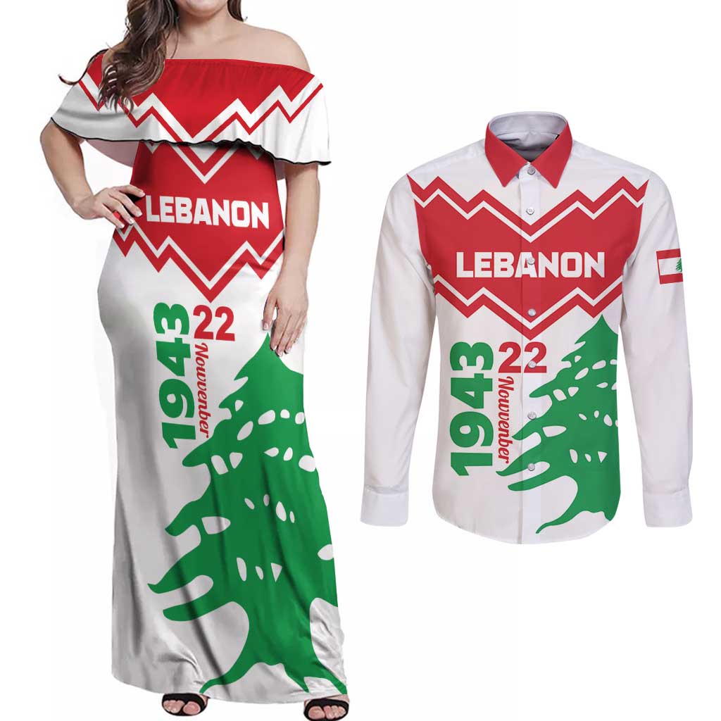 Personalized Lebanon Independence Day Couples Matching Off Shoulder Maxi Dress and Long Sleeve Button Shirt Cedrus libani - Wonder Print Shop