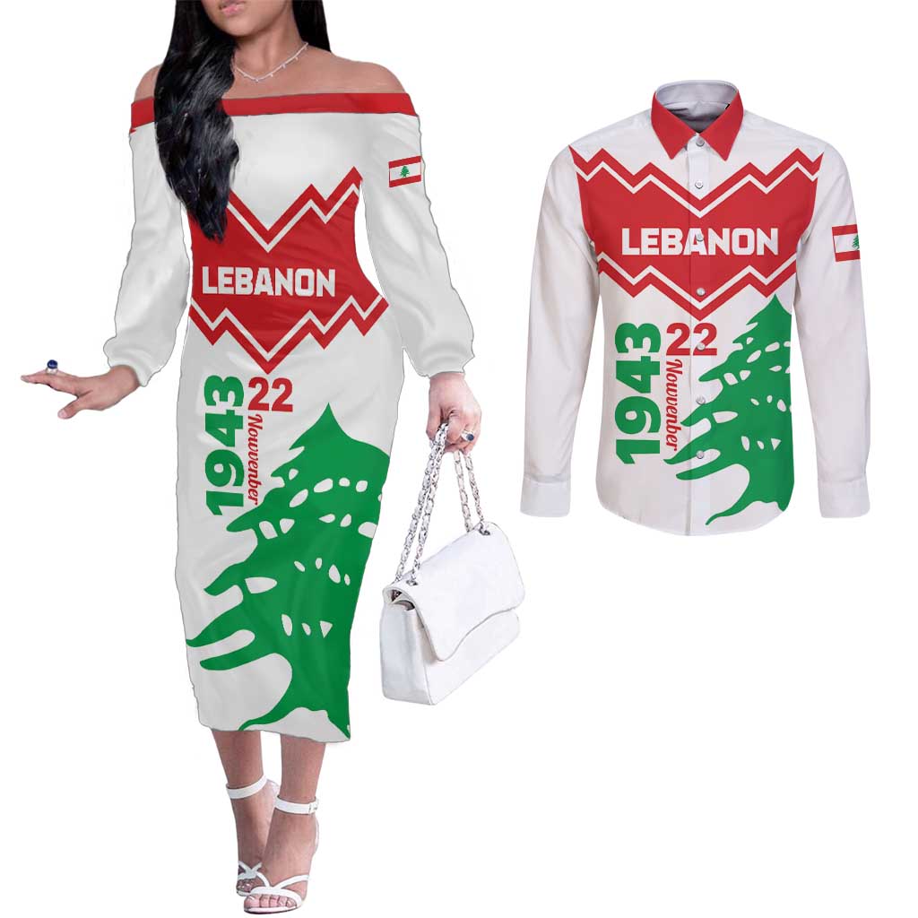 Personalized Lebanon Independence Day Couples Matching Off The Shoulder Long Sleeve Dress and Long Sleeve Button Shirt Cedrus libani