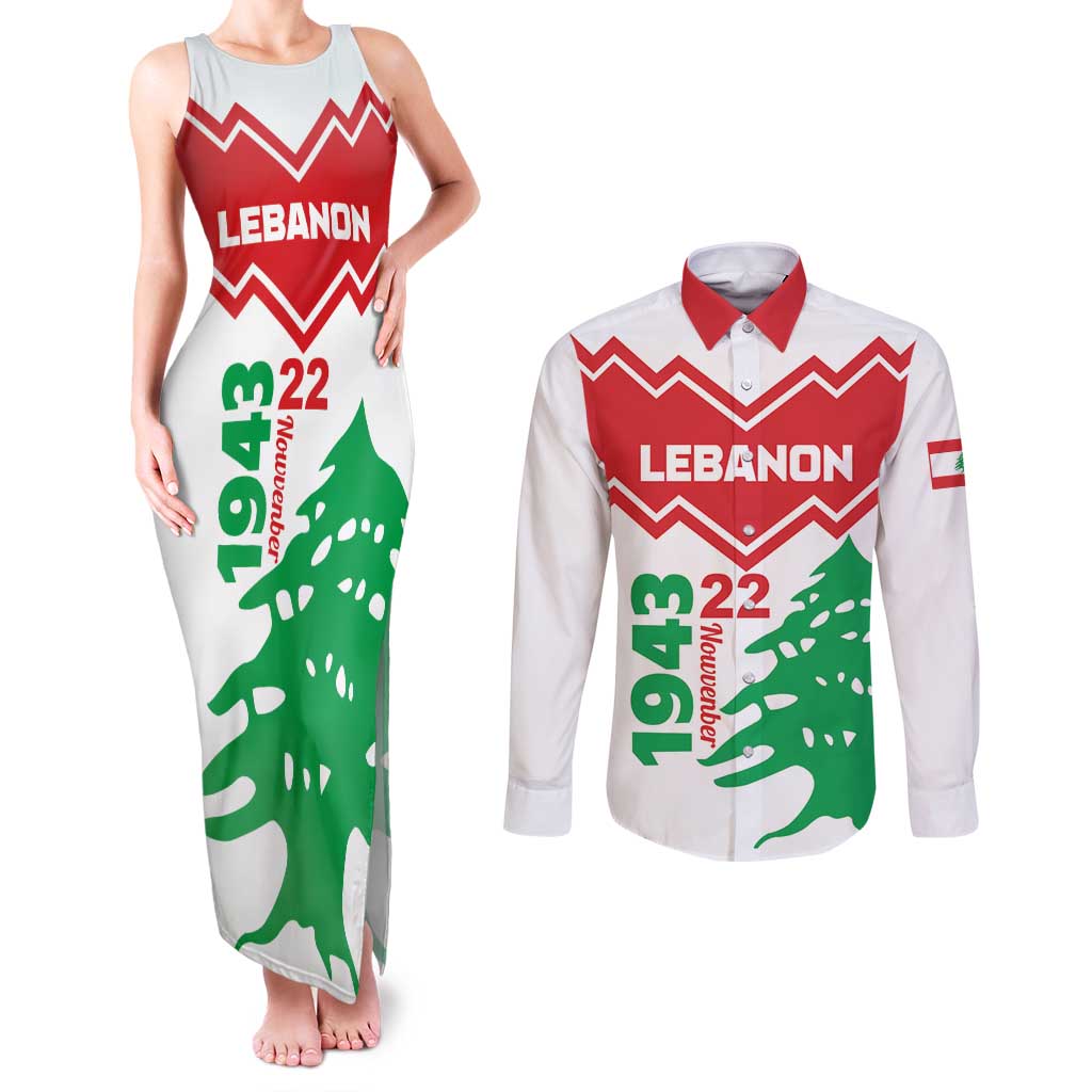 Personalized Lebanon Independence Day Couples Matching Tank Maxi Dress and Long Sleeve Button Shirt Cedrus libani - Wonder Print Shop