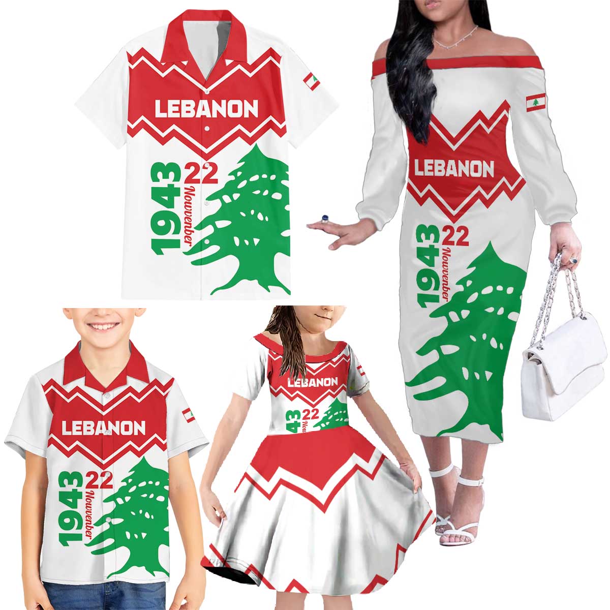Personalized Lebanon Independence Day Family Matching Off The Shoulder Long Sleeve Dress and Hawaiian Shirt Cedrus libani - Wonder Print Shop