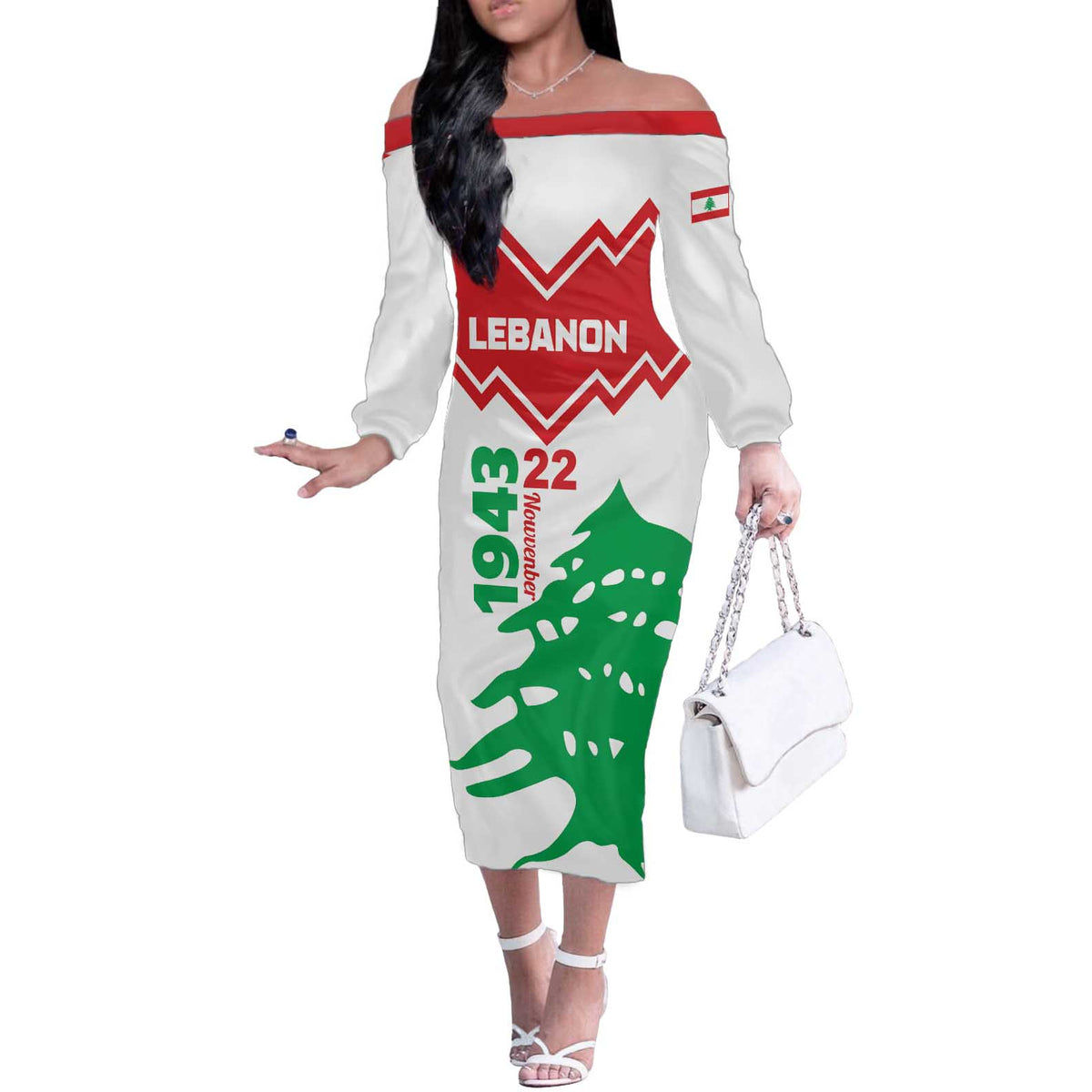 Personalized Lebanon Independence Day Off The Shoulder Long Sleeve Dress Cedrus libani - Wonder Print Shop