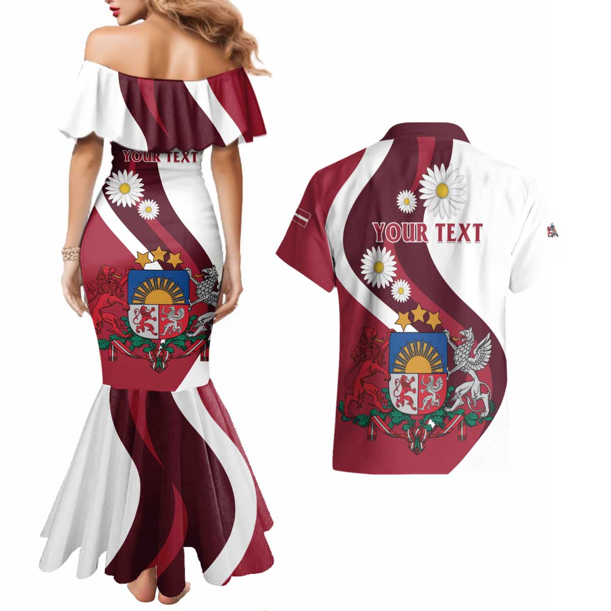 Personalized Latvia Couples Matching Mermaid Dress and Hawaiian Shirt Dievs sveti Latviju - Wonder Print Shop