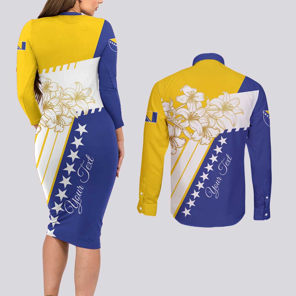 Personalized Bosnia and Herzegovina Couples Matching Long Sleeve Bodycon Dress and Long Sleeve Button Shirt Stars With Golden Lily - Wonder Print Shop