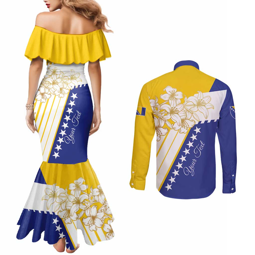 Personalized Bosnia and Herzegovina Couples Matching Mermaid Dress and Long Sleeve Button Shirt Stars With Golden Lily