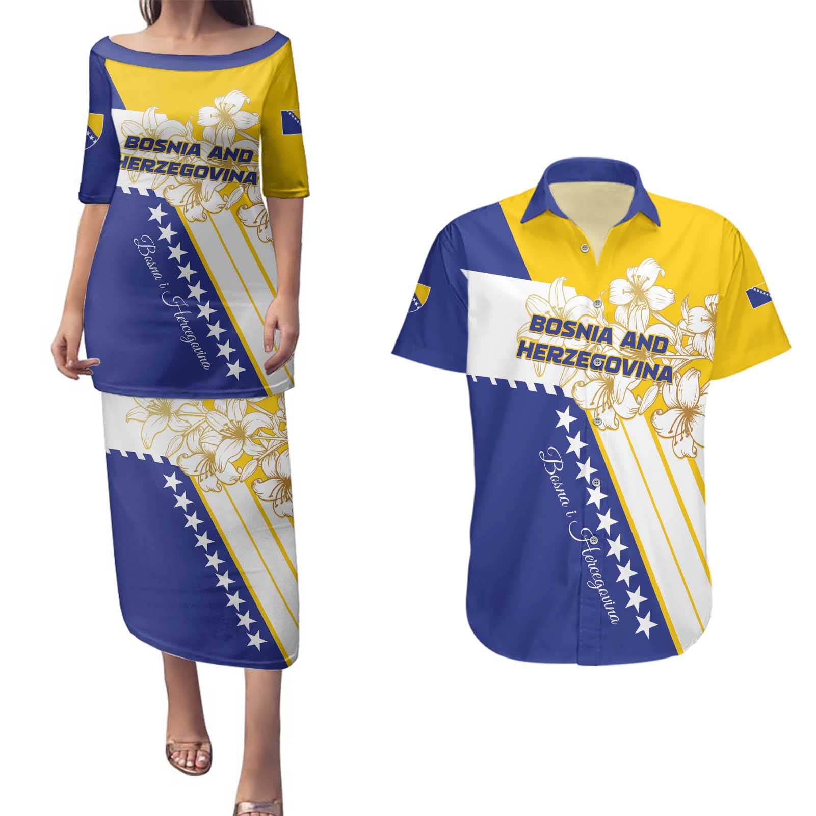 Personalized Bosnia and Herzegovina Couples Matching Puletasi and Hawaiian Shirt Stars With Golden Lily - Wonder Print Shop