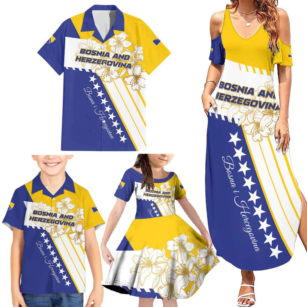 Personalized Bosnia and Herzegovina Family Matching Summer Maxi Dress and Hawaiian Shirt Stars With Golden Lily - Wonder Print Shop