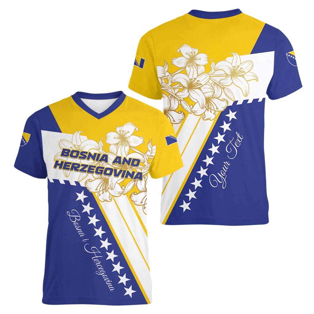 Personalized Bosnia and Herzegovina Women V-Neck T-Shirt Stars With Golden Lily - Wonder Print Shop