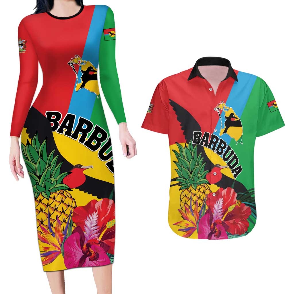 Personalised Barbuda Couples Matching Long Sleeve Bodycon Dress and Hawaiian Shirt Frigate Bird Tropical Style