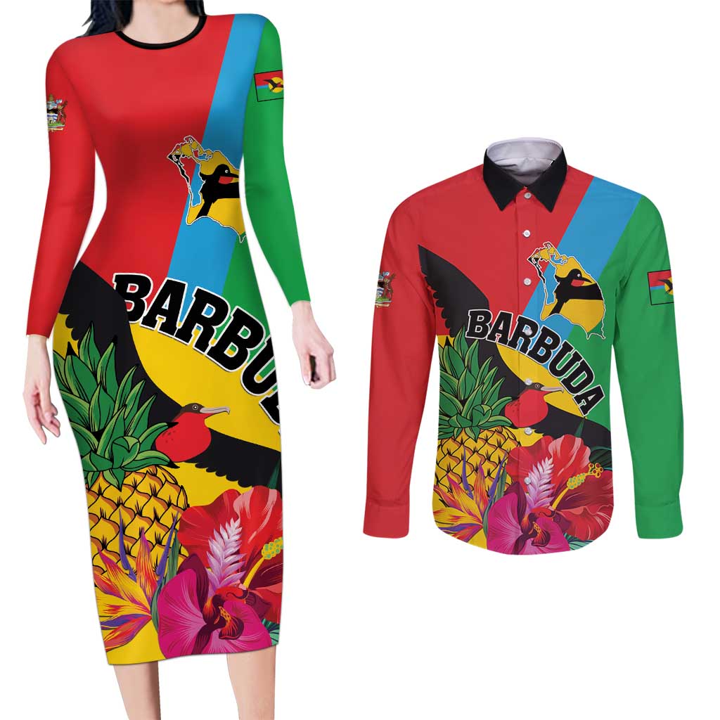 Personalised Barbuda Couples Matching Long Sleeve Bodycon Dress and Long Sleeve Button Shirt Frigate Bird Tropical Style