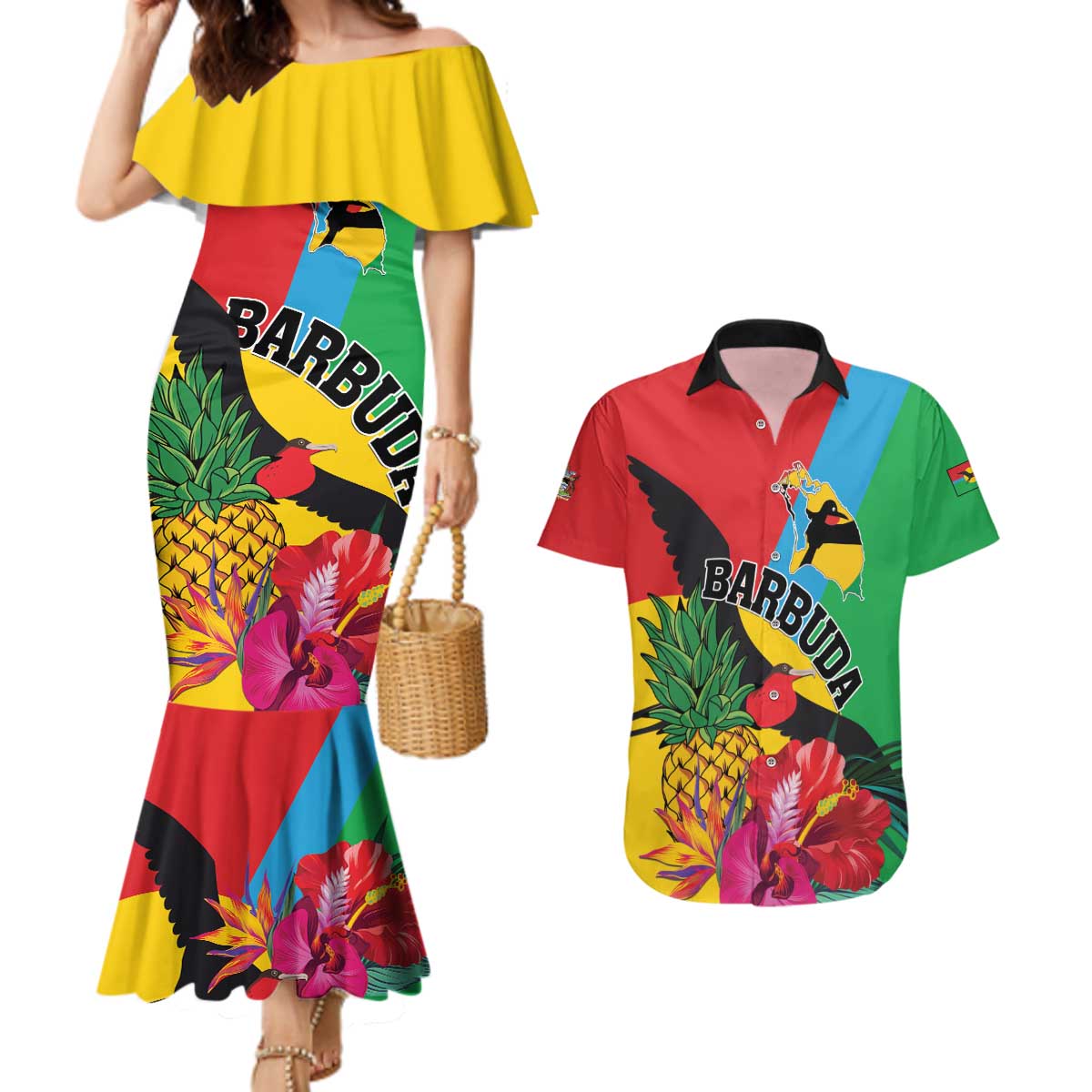 Personalised Barbuda Couples Matching Mermaid Dress and Hawaiian Shirt Frigate Bird Tropical Style