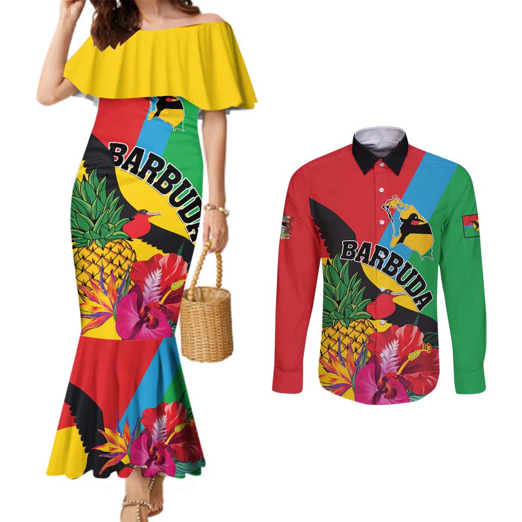 Personalised Barbuda Couples Matching Mermaid Dress and Long Sleeve Button Shirt Frigate Bird Tropical Style