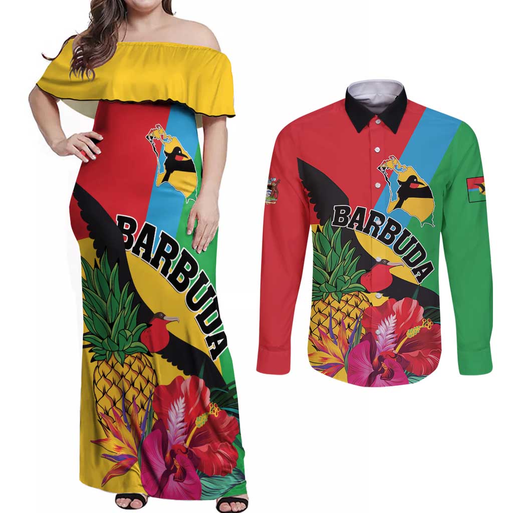 Personalised Barbuda Couples Matching Off Shoulder Maxi Dress and Long Sleeve Button Shirt Frigate Bird Tropical Style